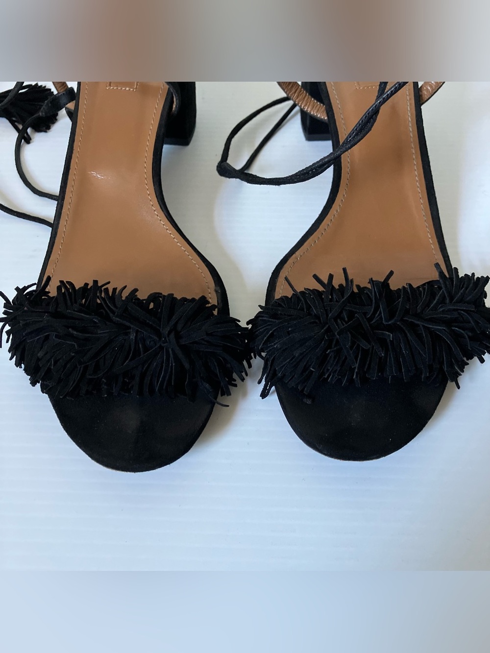 Aquazzura Black Tassel Lace-Up Block Heel Sandals | Designer Heels size 40.5 - Picture 7 of 12